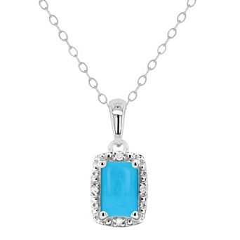 Celebration Gems Sterling Silver Emerald Cut Stabilized Turquoise & Diamond Accent Pendant Necklace
