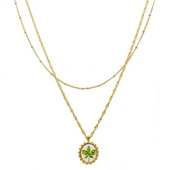 Bella Uno Gold Tone Genuine Pressed Green Flower Layered Pendant Necklace