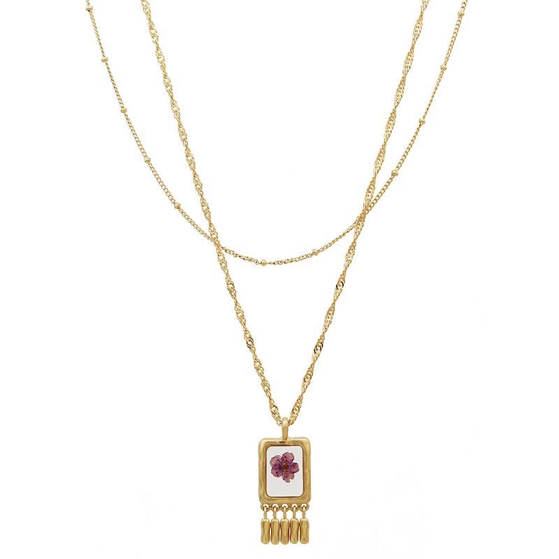 Bella Uno Gold Tone Genuine Pressed Purple Flower Layered Pendant Necklace