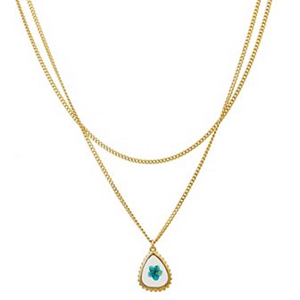 Bella Uno Gold Tone Pressed Blue Genuine Flower Layered Pendant Necklace