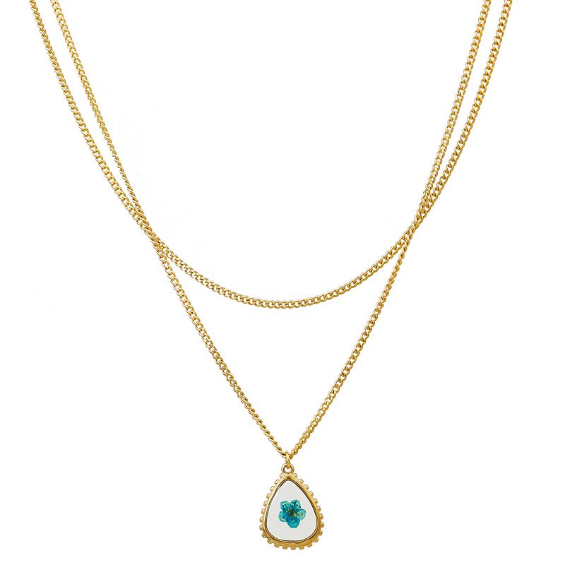 Bella Uno Gold Tone Pressed Blue Genuine Flower Layered Pendant Necklace, 