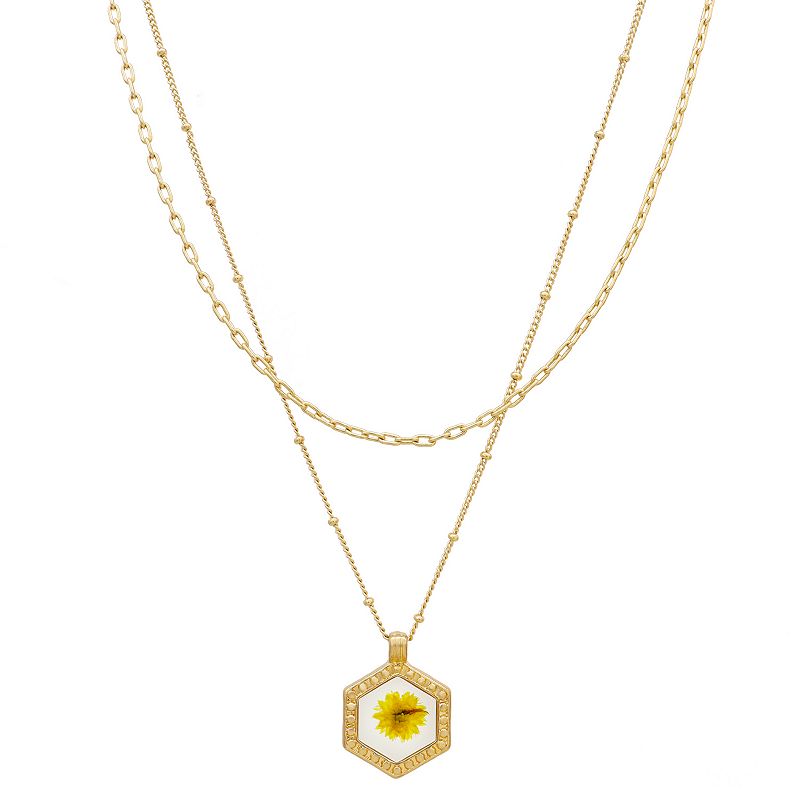Bella Uno Gold Tone Pressed Yellow Genuine Flower Layered Pendant Necklace