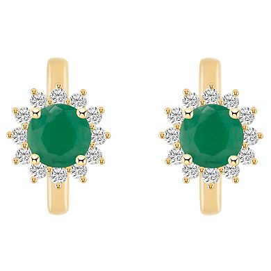 Celebration Gems 14k Gold Round Gemstone & 1/3 Carat T.W. Diamond Halo Huggie Hoop Earrings