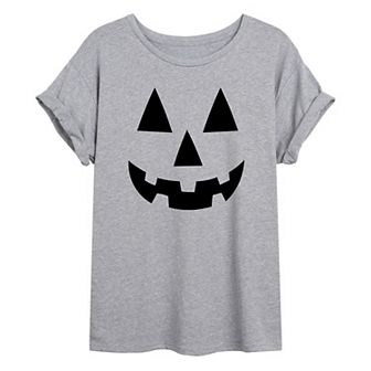 Juniors' Gray Halloween Pumpkin Oversized Graphic Tee
