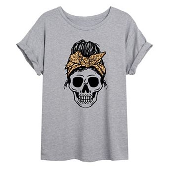 Juniors' Skull With Leopard Print Headband Oversized Graphic Tee