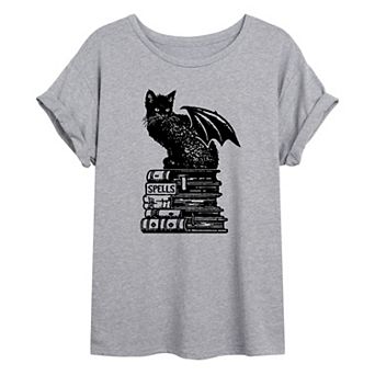Juniors' Halloween Cat With Wings Oversized Graphic Tee