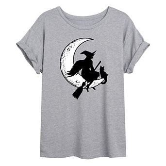 Juniors' Witch & Cat Sitting On Moon Oversized Graphic Tee