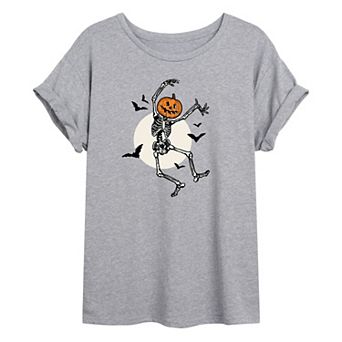 Juniors' Pumpkin Skeleton Dancing Oversized Graphic Tee