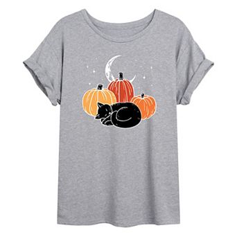 Juniors' Cat Sleeping By Pumpkins Oversized Graphic Tee