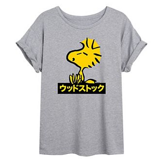 Juniors' Peanuts Woodstock Kanji Writing Oversized Graphic Tee