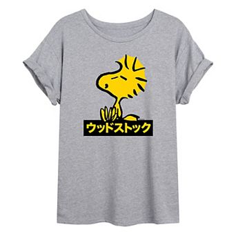 Juniors' Peanuts Woodstock Kanji Writing Oversized Graphic Tee