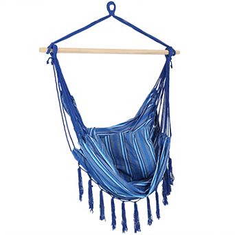 Sunnydaze Polyester Hammock Chair with Cushions and Fringe - Blue Stripes