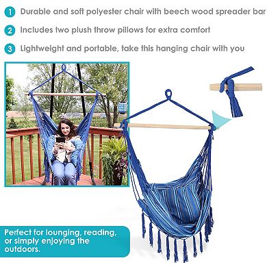 Sunnydaze Polyester Hammock Chair with Cushions and Fringe - Blue Stripes