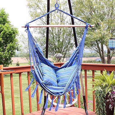 Sunnydaze Polyester Hammock Chair with Cushions and Fringe - Blue Stripes