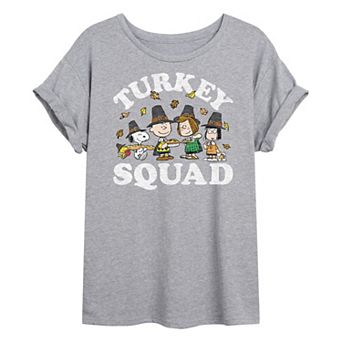 Juniors' Peanuts "Turkey Squad" Oversized Graphic Tee
