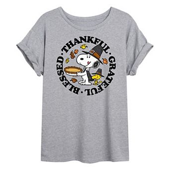 Juniors' Peanuts "Thankful, Greatful, Blessed" Oversized Graphic Tee