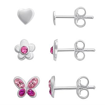 Charming Girl Kids Sterling Silver 3 Pair Heart, Flower, & Butterfly Stud Earring Set