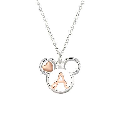 Disney's Mickey Mouse Two Tone 14k Rose Gold & Fine Silver Plated Mickey Letter Initial Heart Pendant Necklace