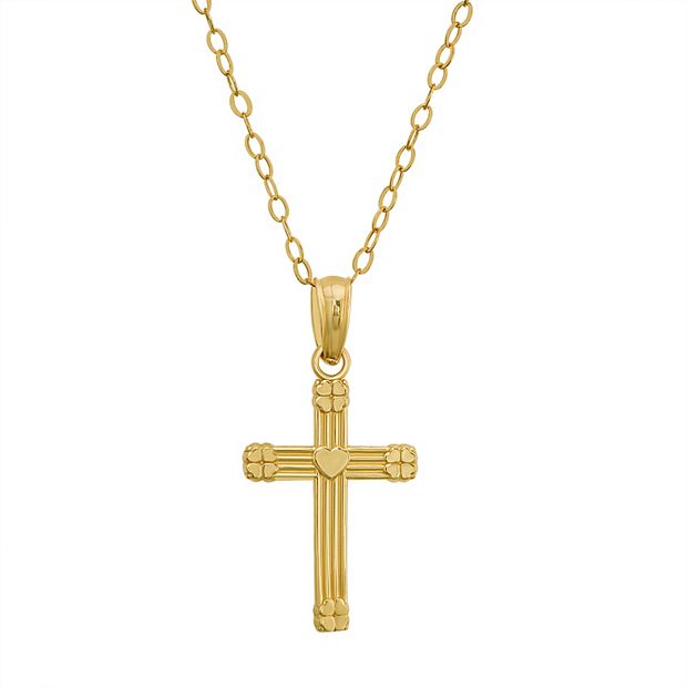 Charming Girl 14k Gold Cross Necklace with Heart Center