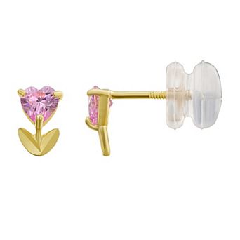 Charming Girl Kids 14k Gold Pink Cubic Zirconia Flower Stud Earrings