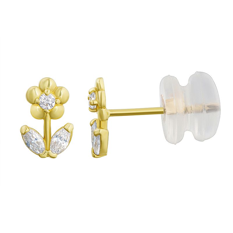 Charming Girl 14k Gold Cubic Zirconia Flower Stud Earrings, Girls, White