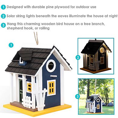 Sunnydaze 9.25 in Wooden Cozy Home Birdhouse with Solar LED Light - Blue