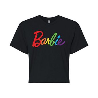 Juniors' Barbie Rainbow "Barbie" Logo Cropped Graphic Tee