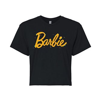 Juniors' Barbie Yellow Flower Logo Cropped Graphic Tee