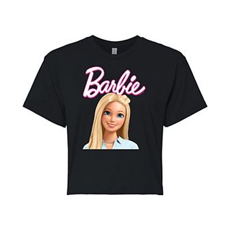 Juniors' Barbie Logo & Face Cropped Graphic Tee