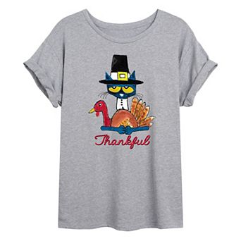 Juniors' Pete The Cat Turkey "Thankful" Oversized Graphic Tee