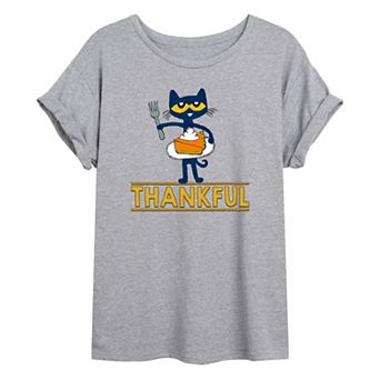 Juniors' Pete The Cat & Pie "Thankful" Oversized Graphic Tee