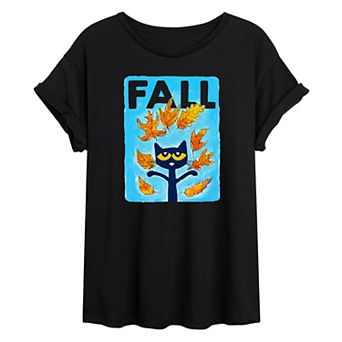 Juniors' Pete The Cat "Fall" Autumn Leaves Oversized Graphic Tee
