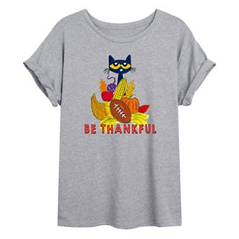 Juniors' Pete The Cat "Be Thankful" Cornucopia Oversized Graphic Tee