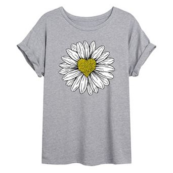 Juniors' Daisy Flower Heart Oversized Graphic Tee