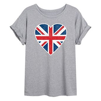 Juniors' Union Jack Flag Heart Oversized Graphic Tee