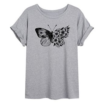 Juniors' Floral Butterfly Oversized Graphic Tee