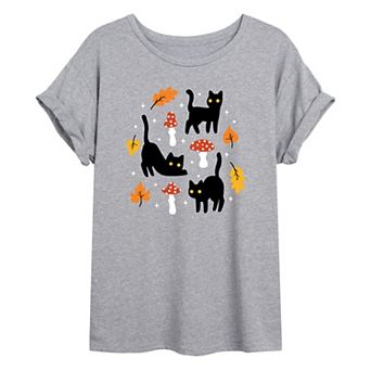 Juniors' Cats Leaves Mushrooms Oversized Graphic Tee
