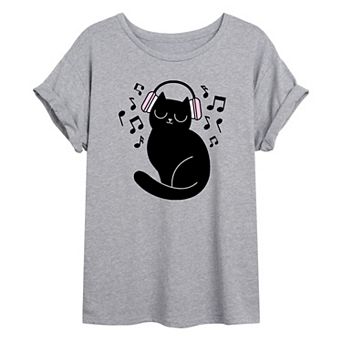 Juniors' Black Cat & Headphones Oversized Graphic Tee