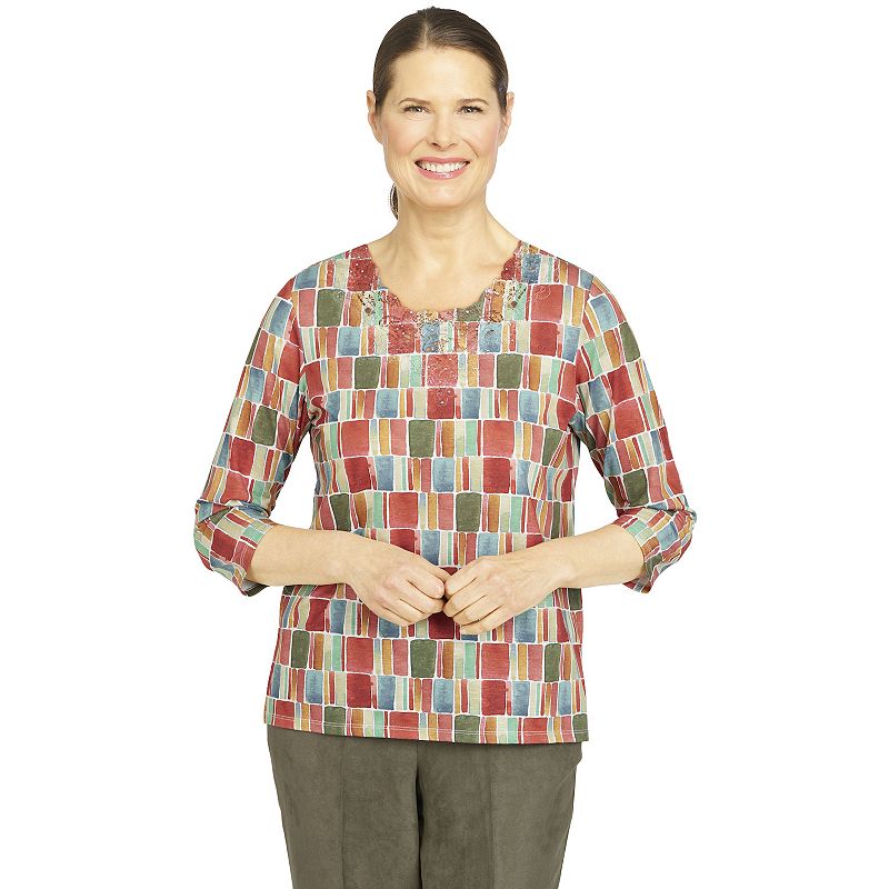 Womens Alfred Dunner Copper Canyon Three-Quarter Sleeve Geo-Print Top, Siz
