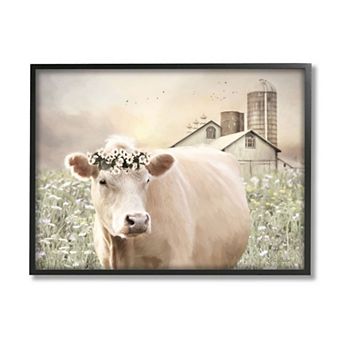 Stupell Home Decor Realistic Cow Floral Crown Framed Wall Art
