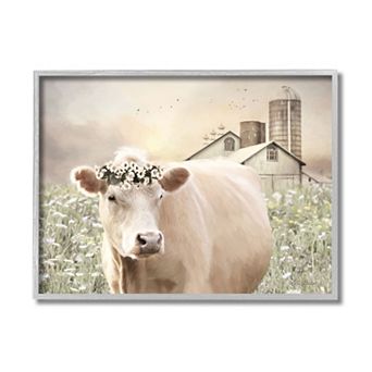 Stupell Home Decor Realistic Cow Floral Framed Wall Art