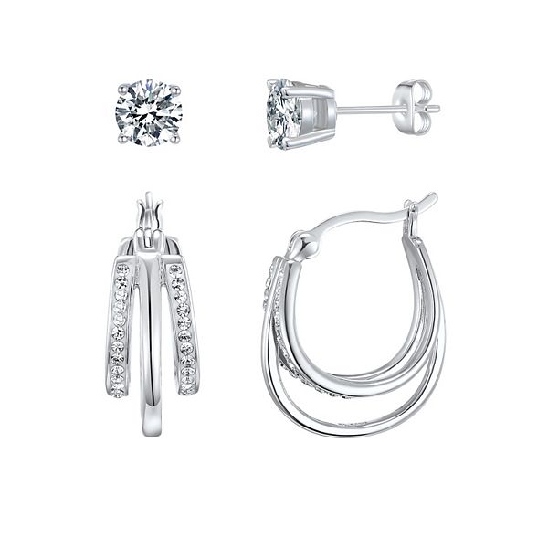 Chrystina Crystal 2 Pair Stud & Multi Row Hoop Earring Set