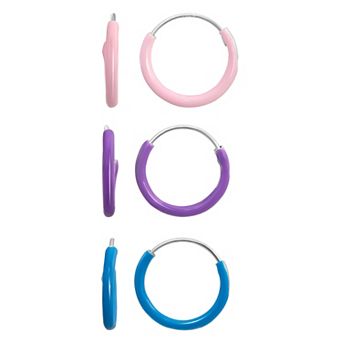 Charming Girl Kids Sterling Silver 3 Pair Enamel Hoop Earring Set