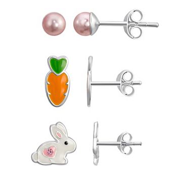 Charming Girl Kids Sterling Silver 3 Pair Pearl, Carrot, & Bunny Stud Earring Set