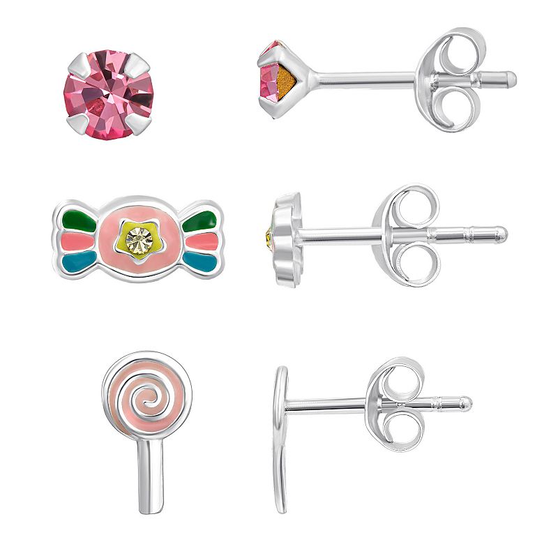 Charming Girl Sterling Silver 3 Pair Crystal Candy Stud Earring Set, Girls