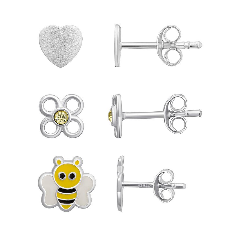 Charming Girl Sterling Silver 3 Pair Heart, Flower, & Bee Stud Earring Set,