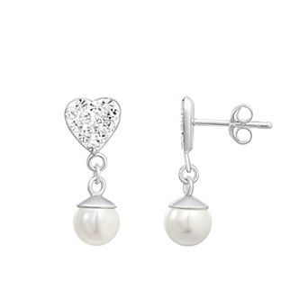 Charming Girl Kids Sterling Silver Crystal Heart & Simulated Pearl Dangle Earrings
