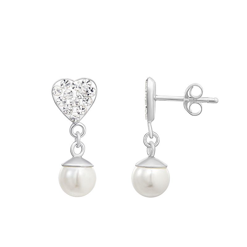 Charming Girl Sterling Silver Crystal Heart & Simulated Pearl Dangle Earrin