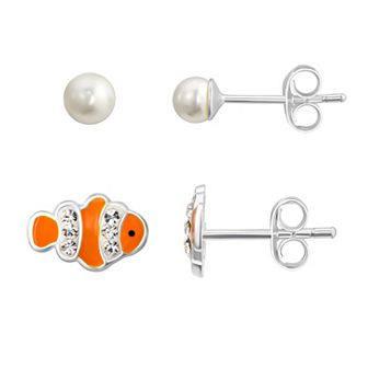 Charming Girl Kids Sterling Silver Simulated Pearl & Clownfish Stud Earring Duo Set