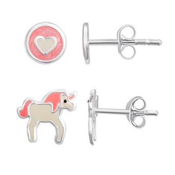 Charming Girl Kids Sterling Silver 2 Pair Enamel Heart & Unicorn Stud Earring Set